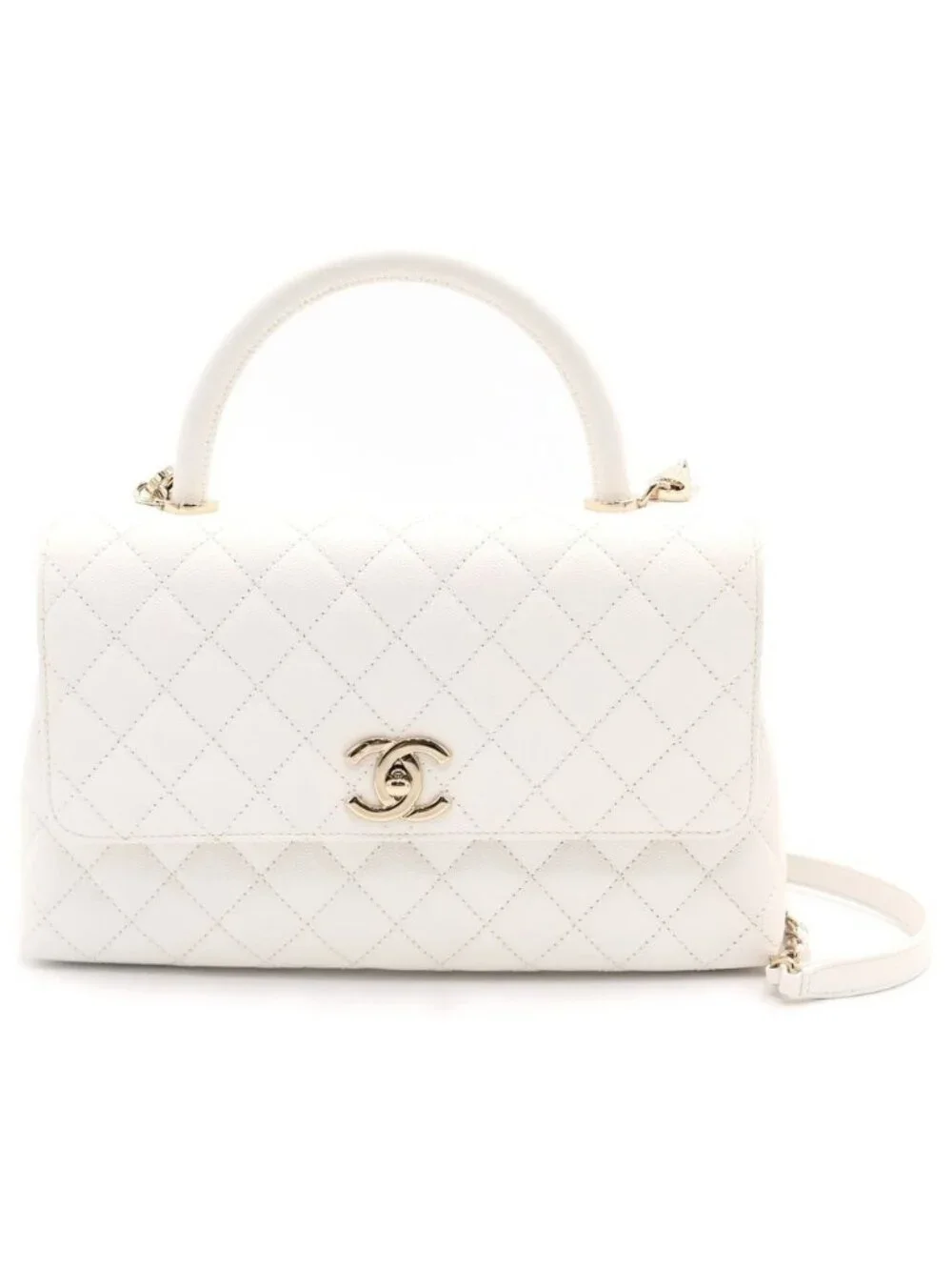 Chanel Quilted Coco Handle 29 Shoulder Bag Caviar Leather Chain Gold White Plate